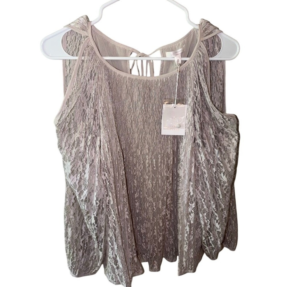 LC Lauren Conrad Mauve Lace Cold Shoulder Pleated Tie Back‎ Blouse NWT Large